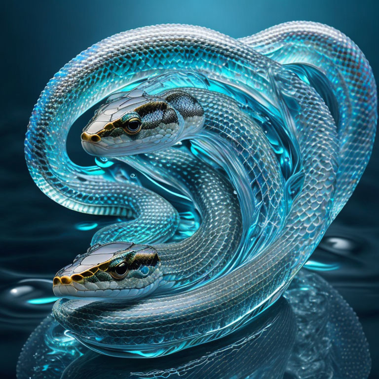 Digital artwork: Intertwined snakes over water, blue background