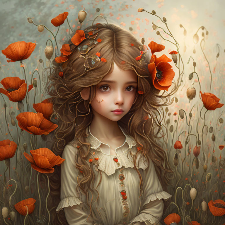 Young girl with wavy hair in vibrant poppy field portrait.