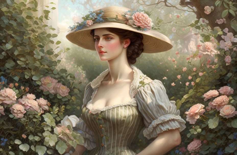 Vintage-dressed woman in floral hat among blooming bushes