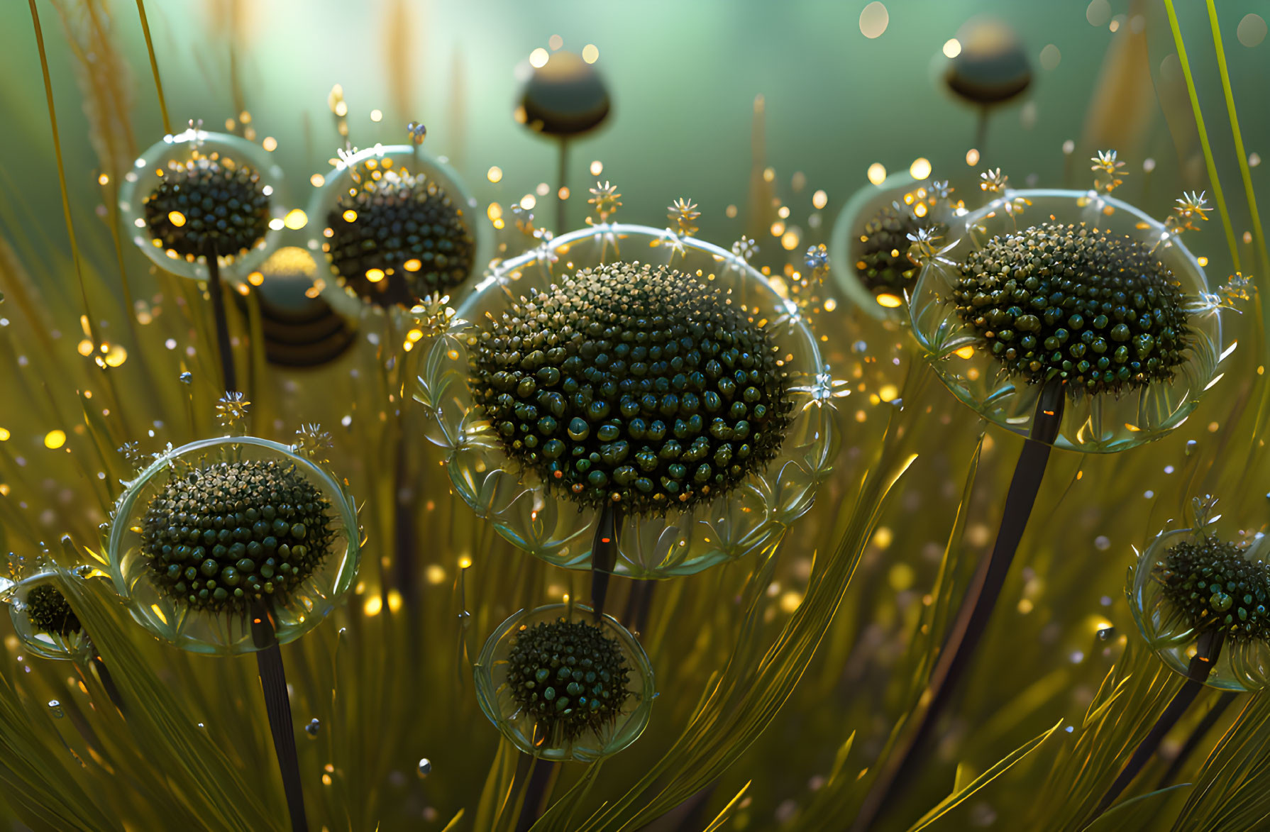 Green Bead-Filled Spherical Capsules on Golden Foliage in Dusky Setting