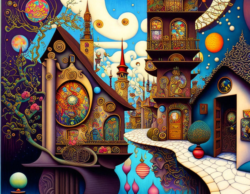 Whimsical architecture and colorful skies under crescent moon