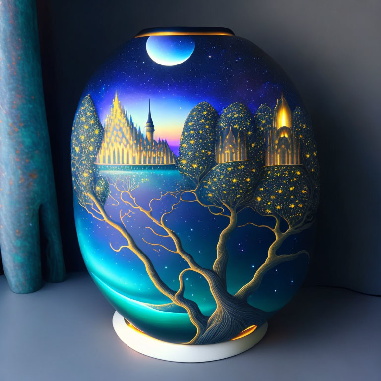 Night Scene Decorative Lamp with Tree, Stars, and Buildings Design