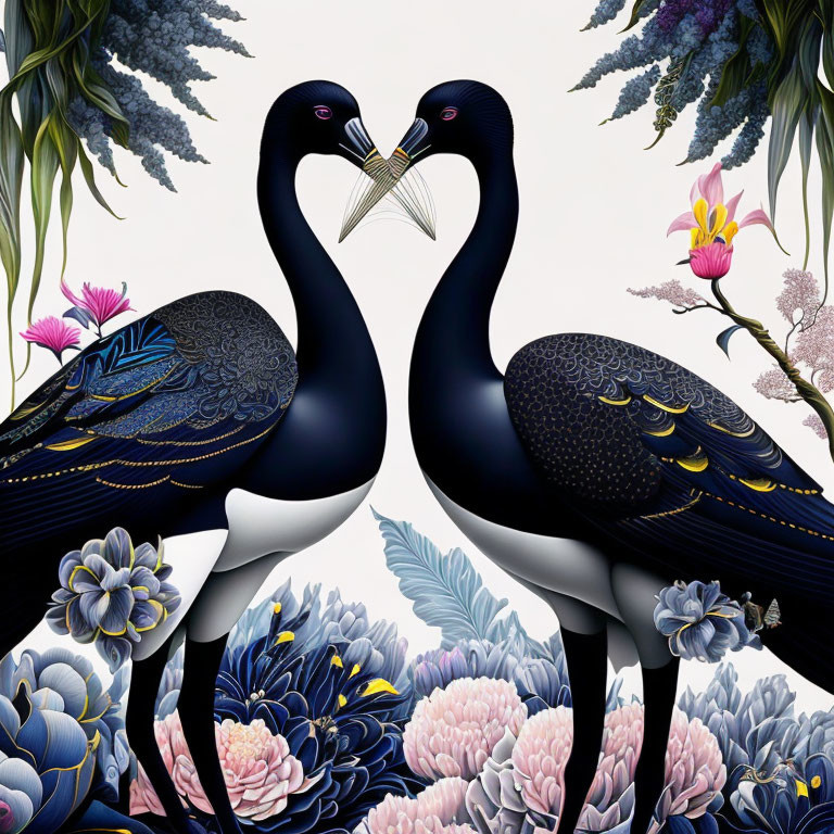 Stylized black cranes form heart shape amidst colorful flowers