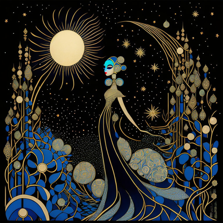 Figure in blue gown among sunflowers under golden sun & starry sky