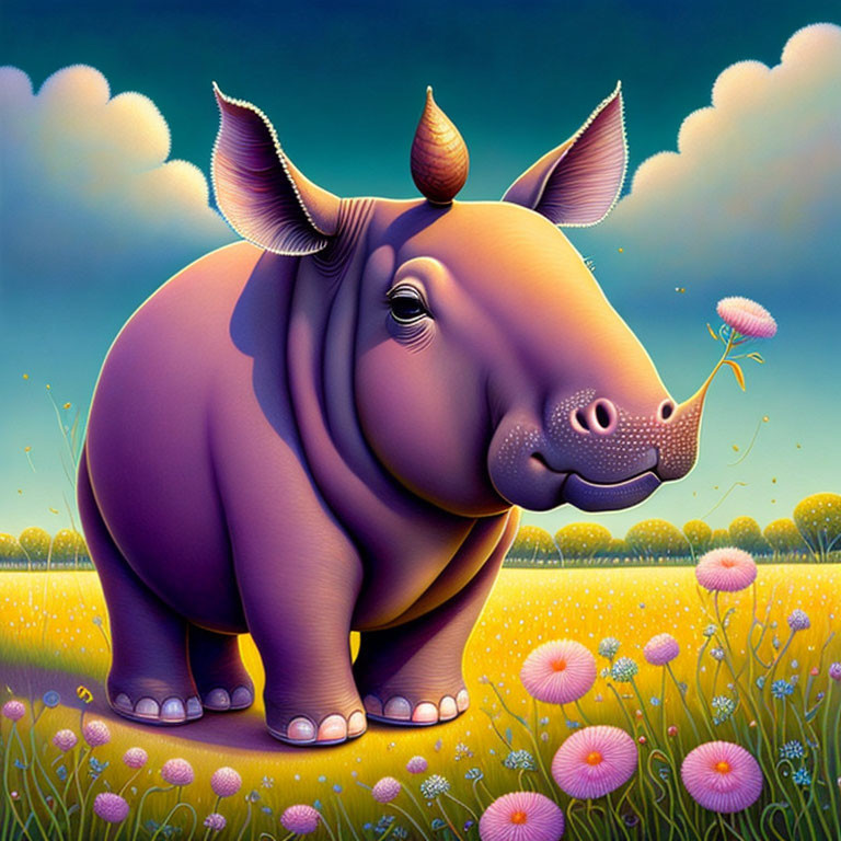 Whimsical purple rhinoceros with flower in mouth in blooming field