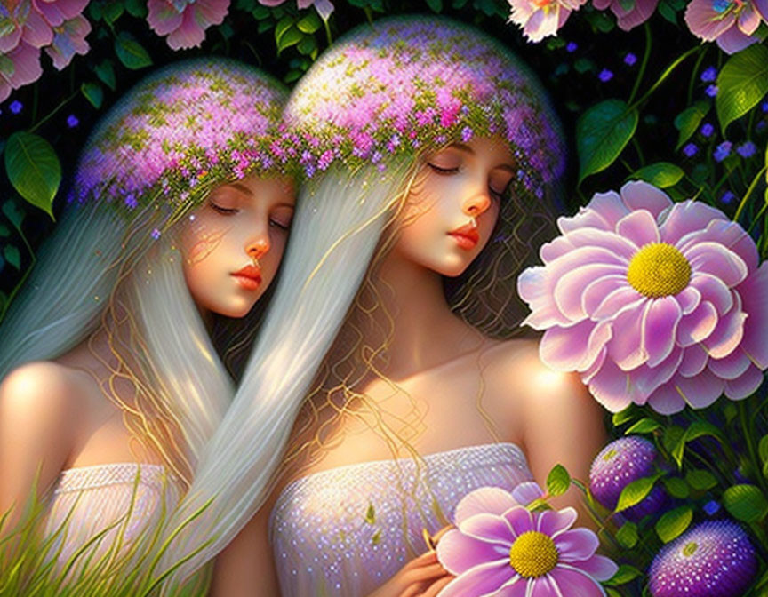 Ethereal females with floral hats in lush greenery