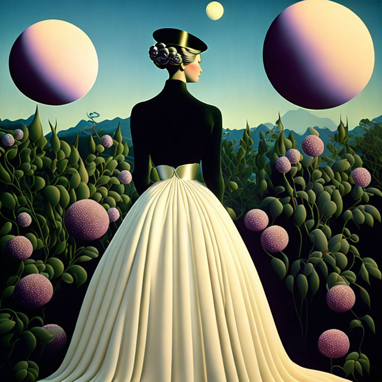 Surreal landscape painting: Woman in elegant gown, oversized flora, twin moons