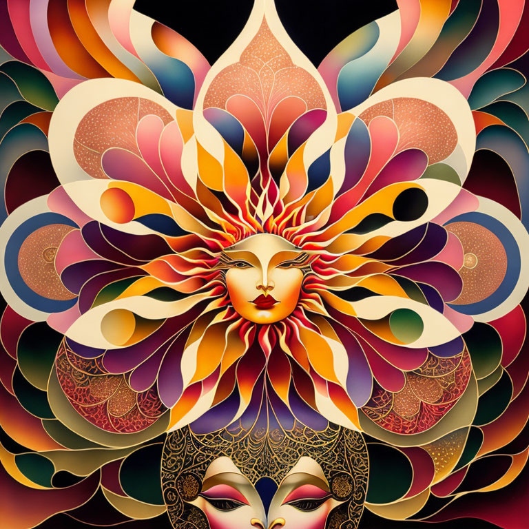 Symmetrical artwork of stylized sun with human face in colorful design