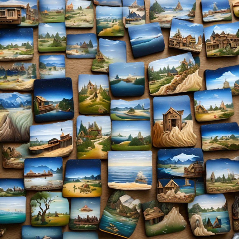 Miniature Landscape Paintings on Small Canvases depicting Mountains, Rivers, Lakes, and Buildings