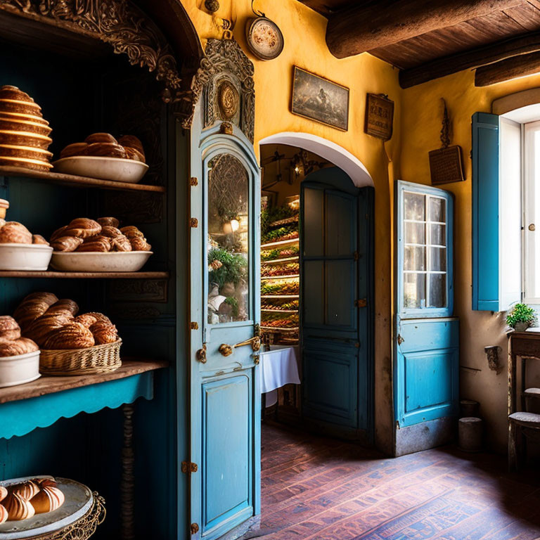 Bakery interior with Christmas tree, vintage door, warm lighting