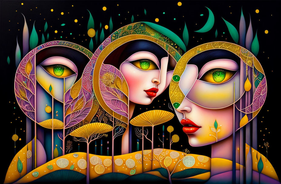 Symmetrical Female Figures with Golden Eyes in Nature Setting