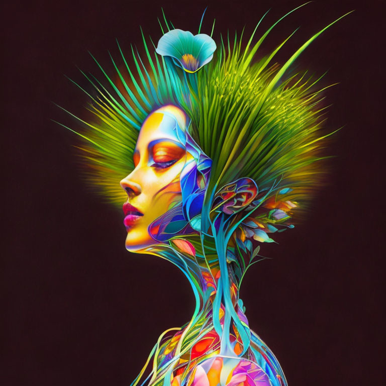 Colorful digital artwork of a woman with plant-like patterns and a luminous floral headpiece