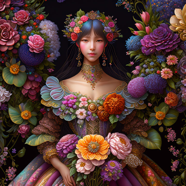 Woman with Vibrant Floral Headdress Surrounded by Multicolored Blossoms