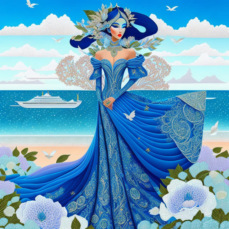 Stylized illustration of woman in blue gown with floral patterns against sea, mountains, sky.