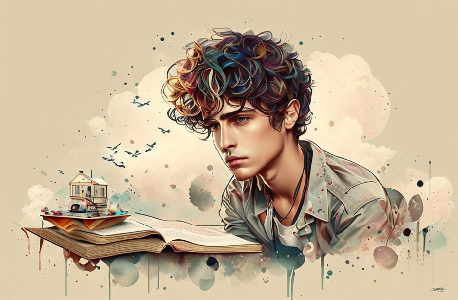 Young man with curly hair next to open book with house, clouds, birds on beige backdrop.