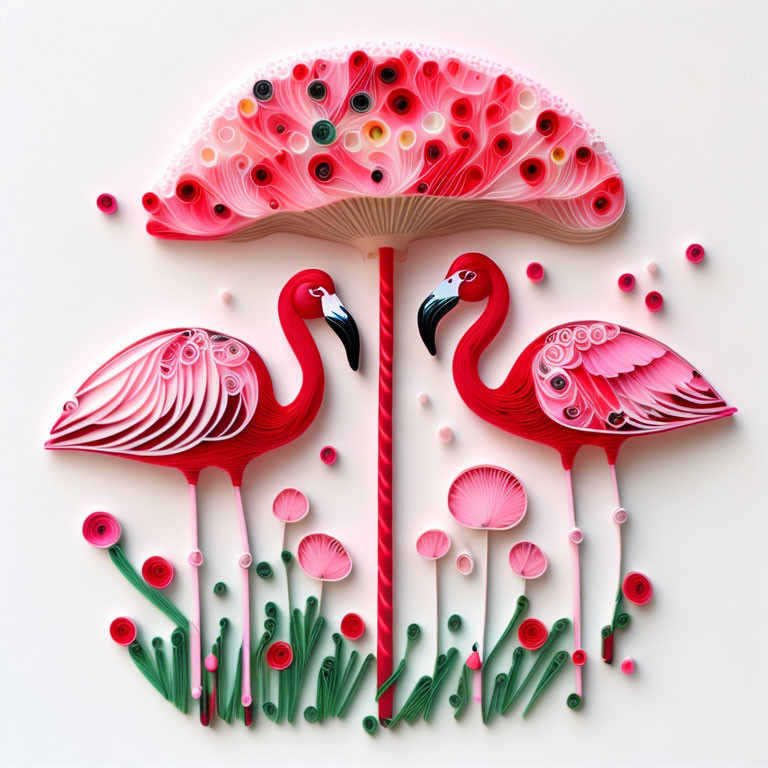 Paper quilling art: Two pink flamingos in greenery and flowers