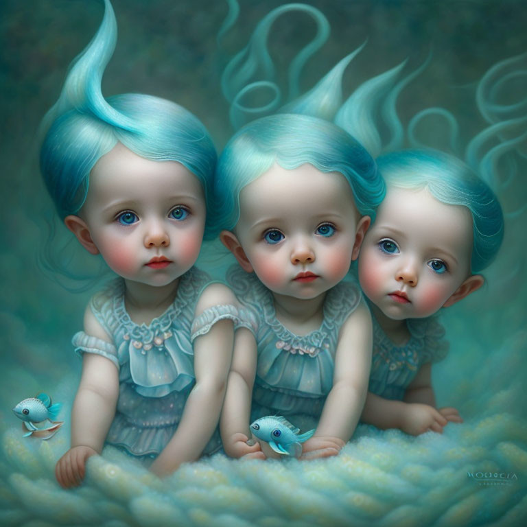 Whimsical blue-haired children among soft blue clouds and tiny birds