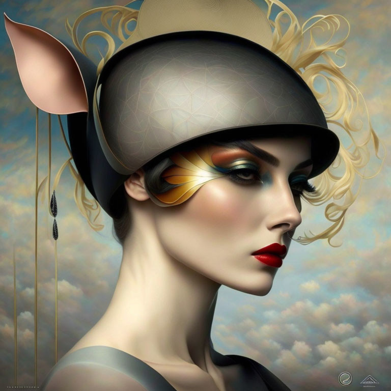 Surreal portrait of woman with wing-like hat against cloudy sky