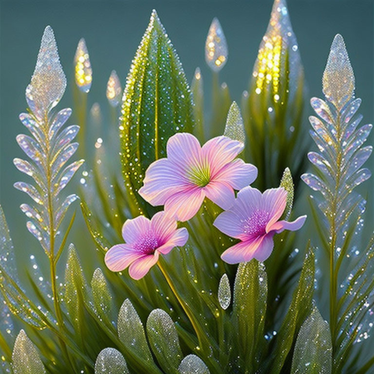 Sparkling dewdrops on green leaves and pink flowers against dark backdrop