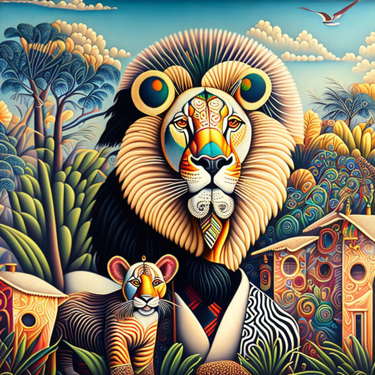 Colorful lion's face with intricate patterns in vibrant jungle scene