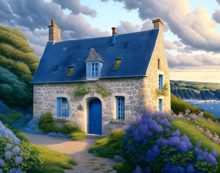 Stone cottage with blue door & coastal view at sunset