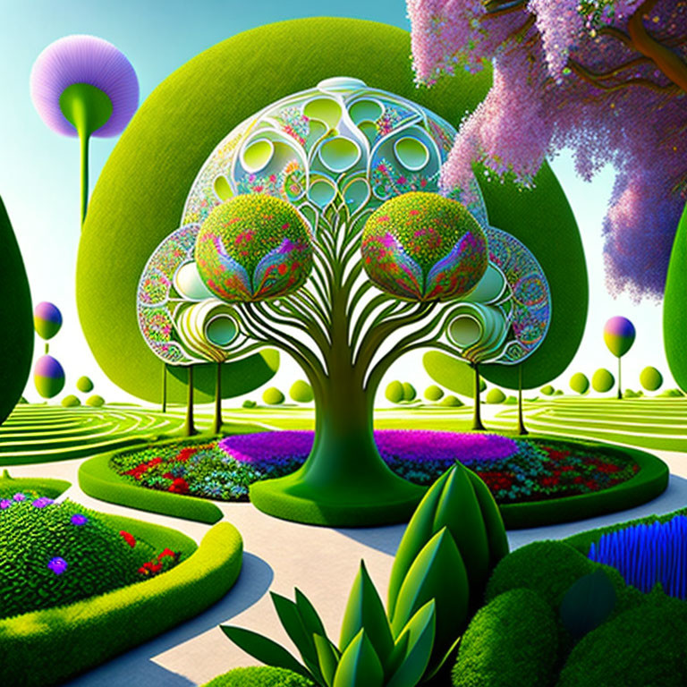 Colorful Surreal Landscape with Patterned Tree & Rolling Hills