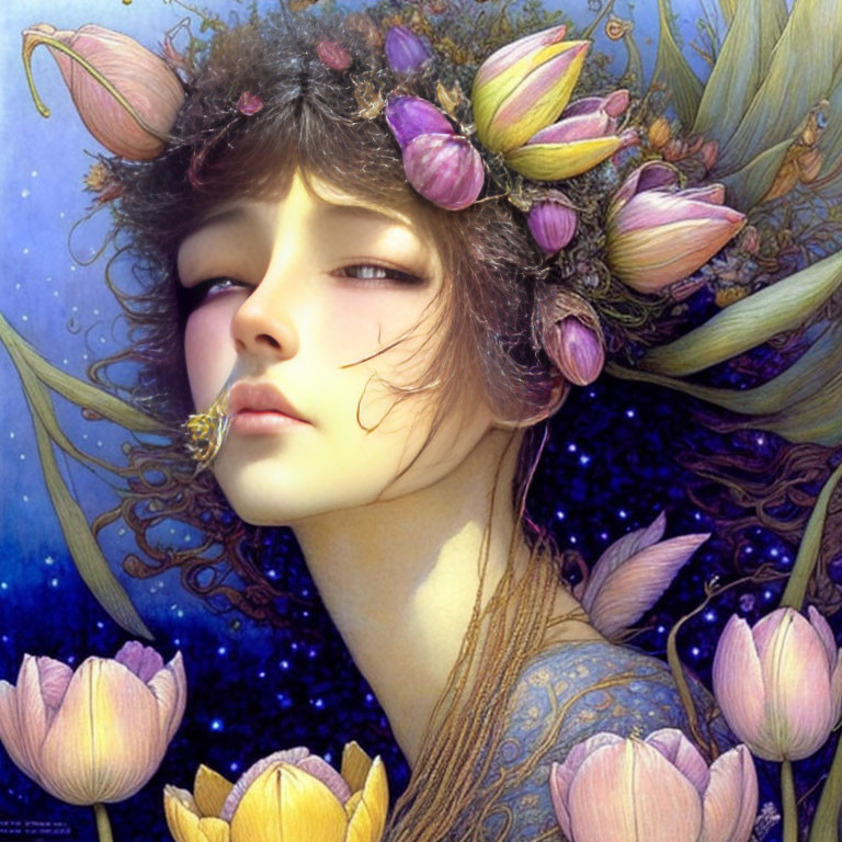 Digital artwork features serene woman with pink flower headdress and bee on lips against starry blue backdrop