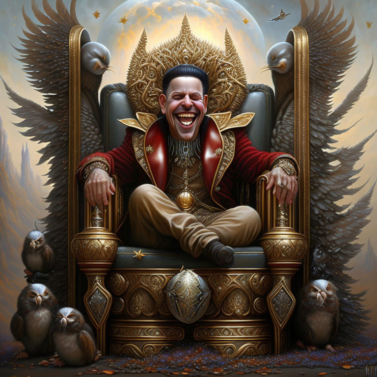 Exaggerated smile man on ornate throne with pigeons and squirrels