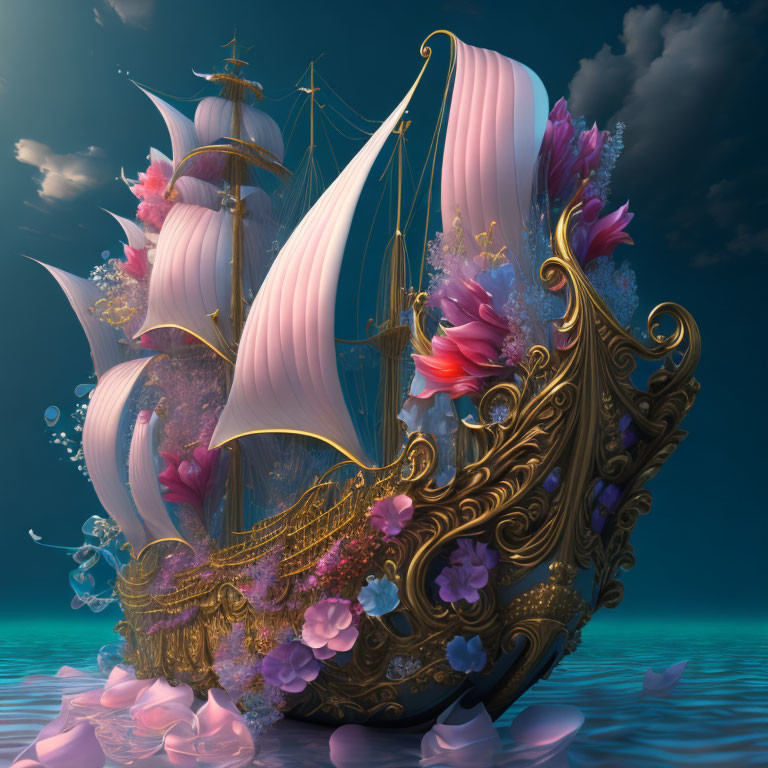 Golden-detailed ship with pink floral sails on calm waters