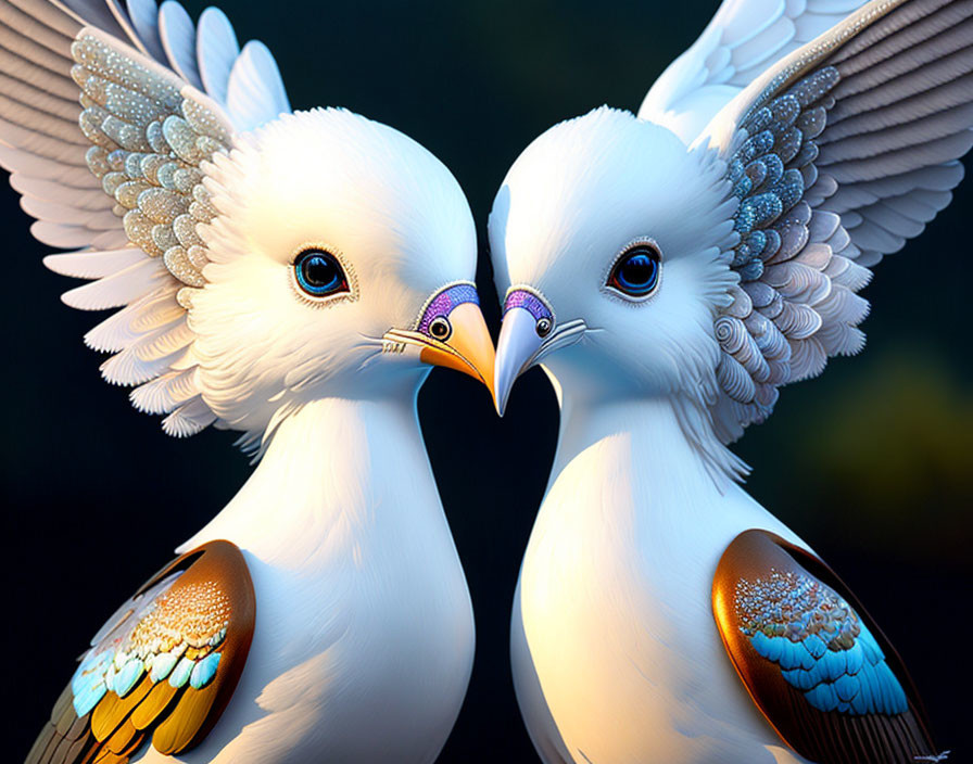 Stylized digital art: White doves with intricate feathers and jeweled accents