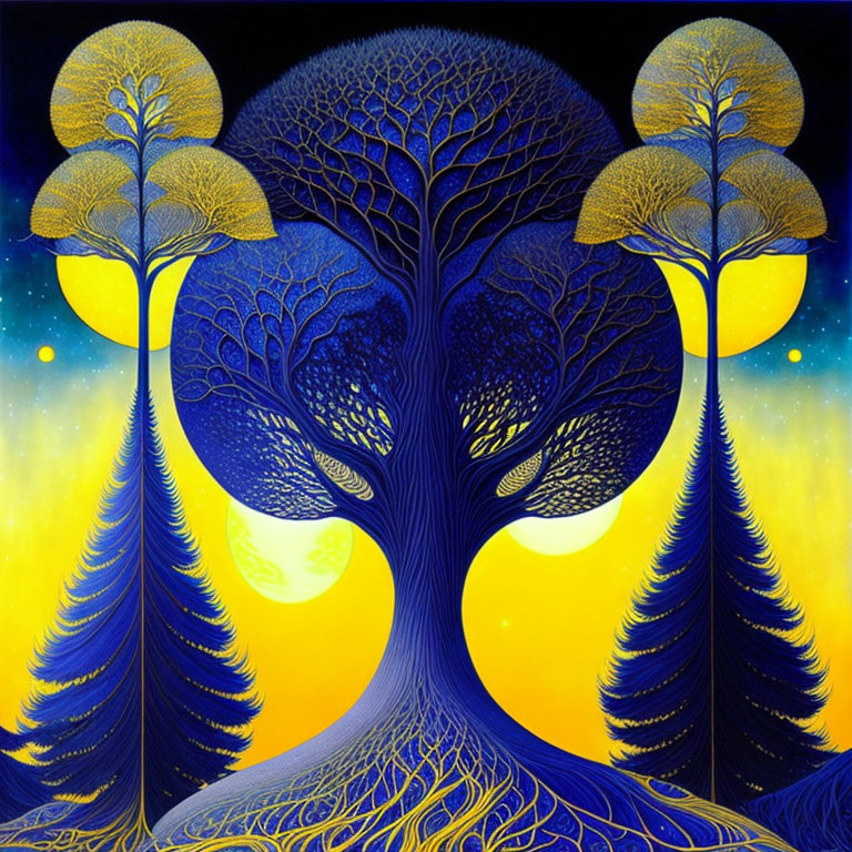 Colorful Tree Artwork: Stylized Trees Against Starry Night Sky