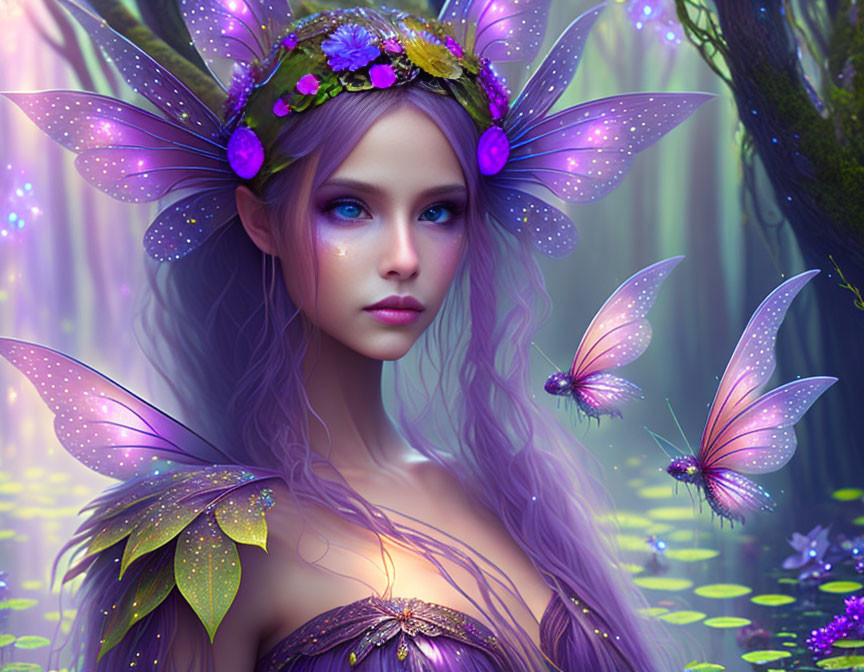 Fantasy Artwork: Woman with Butterfly Wings in Mystical Forest