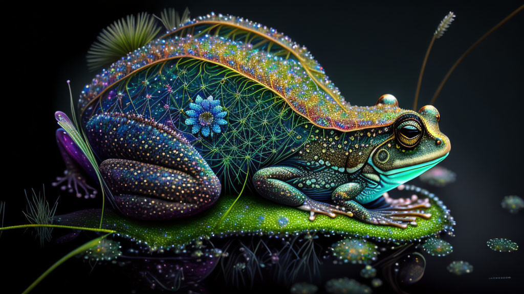 Colorful stylized frog with intricate patterns on dark background