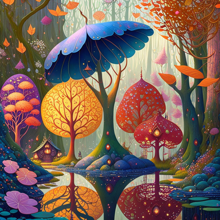 Vibrant oversized mushrooms and trees in whimsical forest scene