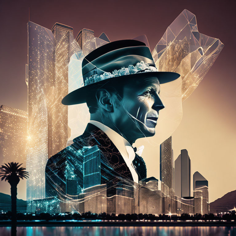 Dapper gentleman in suit and hat over futuristic cityscape