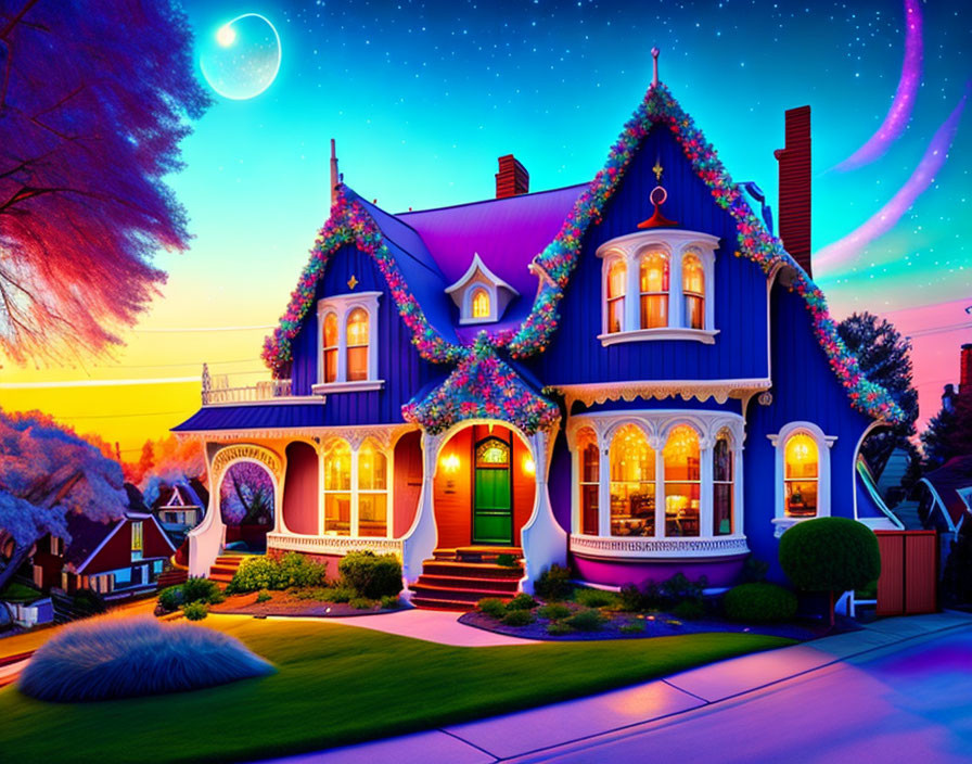 Colorful Victorian House with Twilight Sky and Crescent Moon