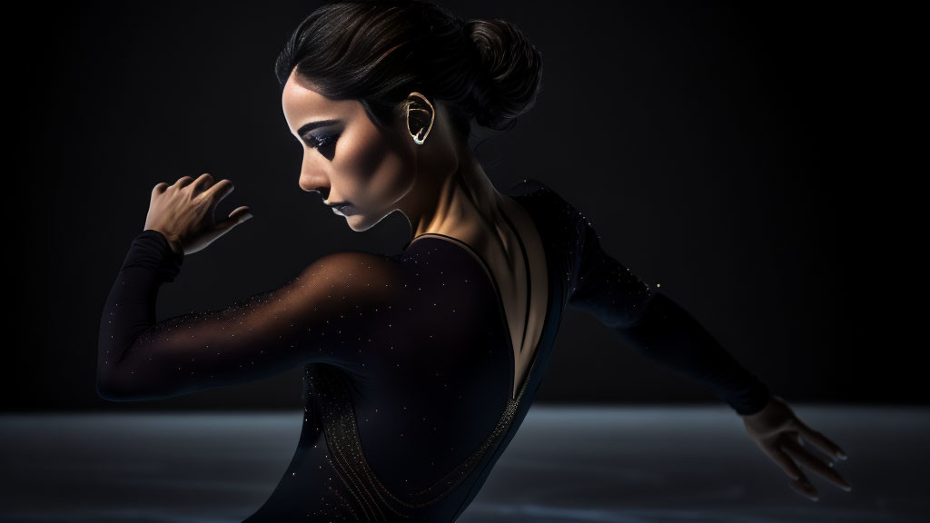 Figure skater in black sparkly costume gracefully on ice