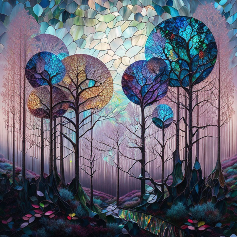 Colorful digital artwork: Mystical forest with luminous trees