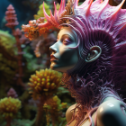 Fantasy figure with colorful floral growths in mystical environment