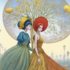 Two women in elegant tree and celestial body hats in whimsical setting