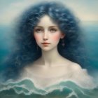 Portrait of woman with wavy blue hair and vivid eyes in misty water setting