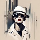 Digital portrait of woman in sunglasses and white hat with abstract geometric background