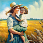 Joyful woman in straw hat with smiling child in wheat field under blue sky