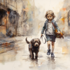 Child and dog walking through puddle in rustic setting.