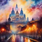 Surreal illuminated cathedral against vivid sky & silhouetted figures