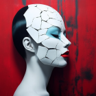 Woman with cracked porcelain-like white makeup on face against red backdrop