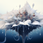 Fantasy floating island with ornate castle and snow-covered trees