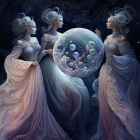 Ethereal women in flowing gowns with luminous orb in celestial underwater scene