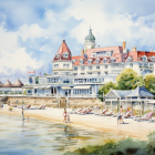 Vibrant beachside hotel watercolor with blue sky & guests