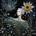 Stylized portrait of pale-skinned woman with vibrant floral and celestial elements